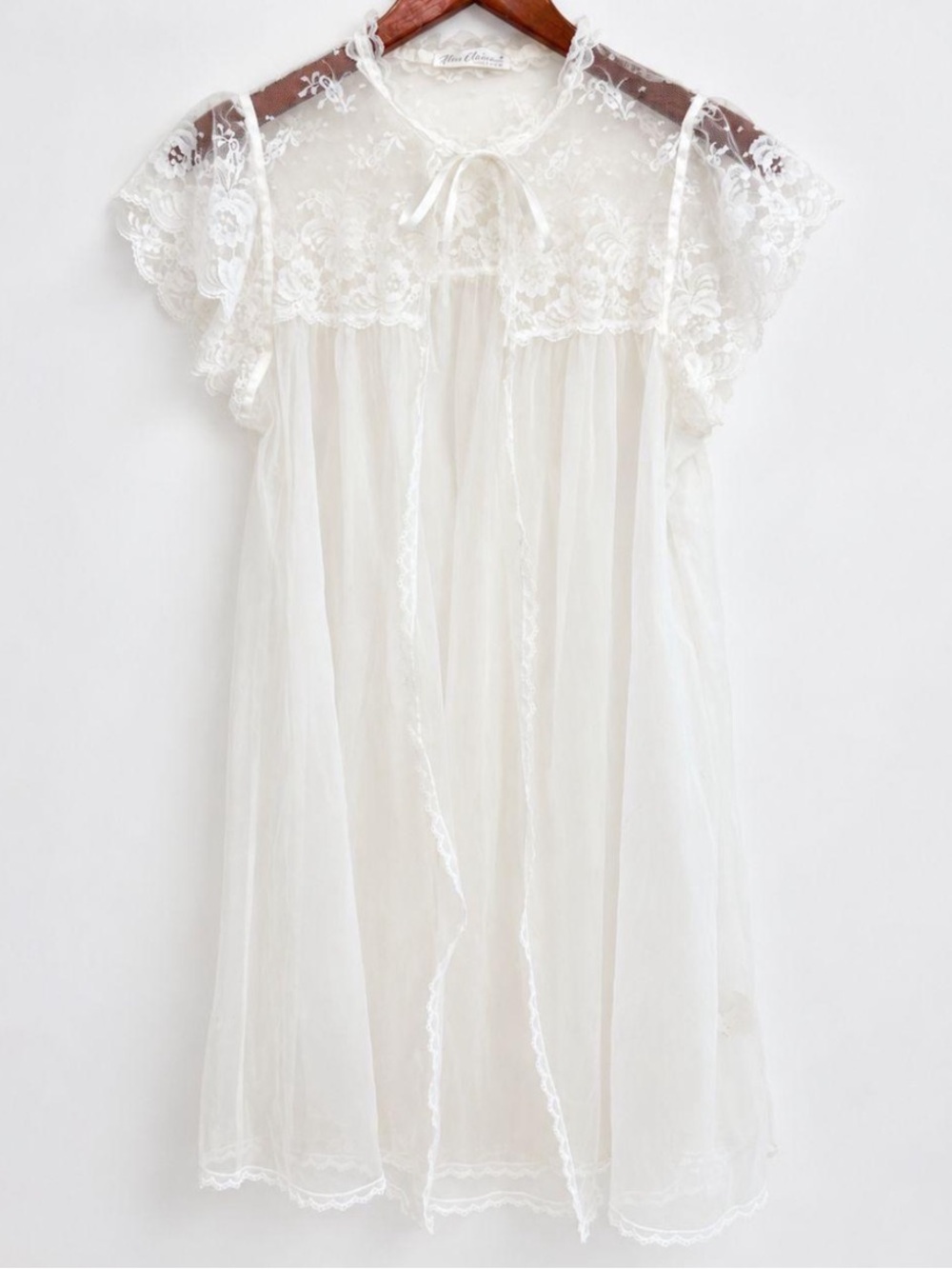 Vintage Babydoll Peignoir Robe Ivory White Sheer Lace Nylon, Women's Size XS